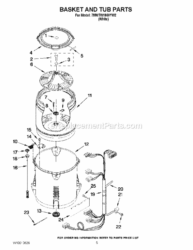 Basket And Tub Parts Diagram and Parts List for 7MWTW1950YW2  Whirlpool Washer