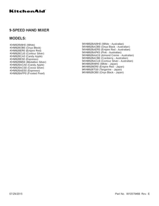 Cover Sheet Diagram and Parts List for 5KHM926ACU0  KitchenAid Mixer