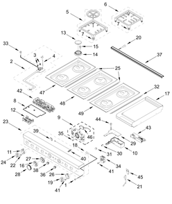 Cooktop, Burner And Grate Parts Diagram and Parts List for KFDC558JAV03  Whirlpool Range