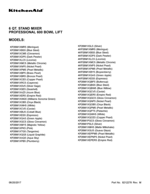 01 - COVER SHEET Diagram and Parts List for KP26M1XMH5  Whirlpool Mixer