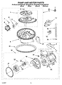 PUMP AND MOTOR PARTS Diagram and Parts List for GU1200XTLB1  Whirlpool Dishwasher