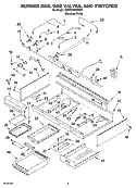 BURNER BOX, GAS VALVES, AND SWITCHES Diagram and Parts List for KGCP484KSS02  KitchenAid Cooktop