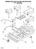 BURNER BOX, GAS VALVES, AND SWITCHES Diagram and Parts List for KGCS127GSS05  KitchenAid Cooktop
