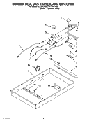 BURNER BOX, GAS VALVES, AND SWITCHES Diagram and Parts List for GLT3657RQ03  Whirlpool Cooktop