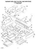 BURNER BOX, GAS VALVES, SWITCHES Diagram and Parts List for KGCP484KSS0  KitchenAid Cooktop