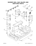BURNER BOX, GAS VALVES AND SWITCHES PARTS Diagram and Parts List for KFGS366VSS03  KitchenAid Cooktop