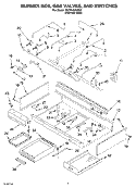 BURNER BOX, GAS VALVES, AND SWITCHES Diagram and Parts List for KGCP483KSS0  KitchenAid Cooktop