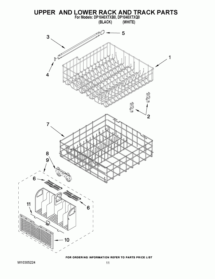 UPPER AND LOWER RACK AND TRACK PARTS Diagram and Parts List for DP1040XTXB0  Whirlpool Dishwasher