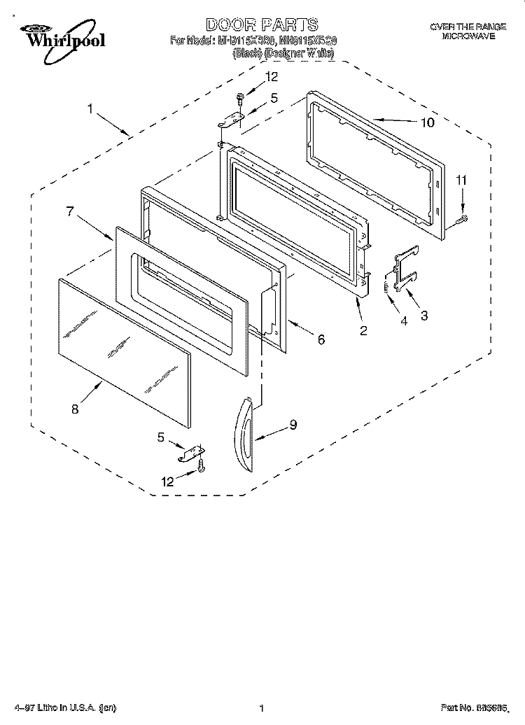DOOR Diagram and Parts List for MH9115XBQ0  Whirlpool Microwave