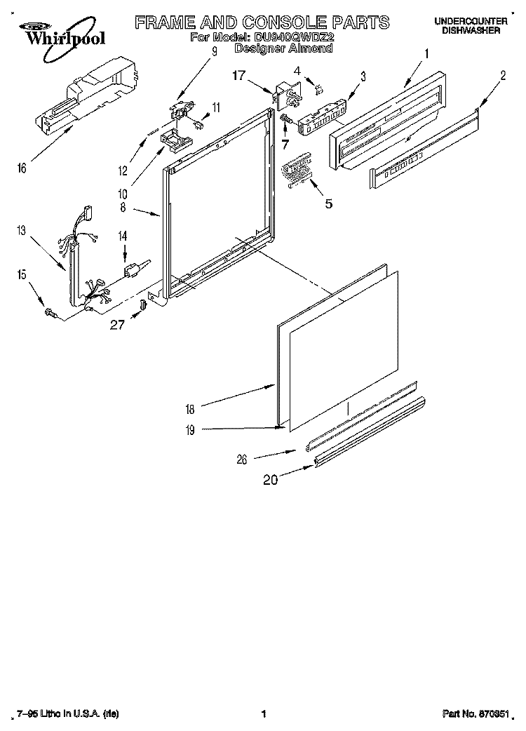 FRAME AND CONSOLE Diagram and Parts List for DU940QWDZ2  Whirlpool Dishwasher