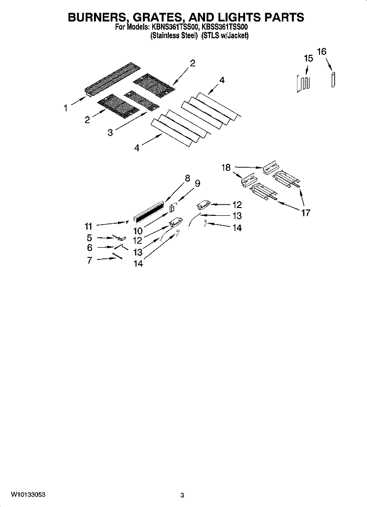 BURNERS, GRATES, AND LIGHTS PARTS Diagram and Parts List for KBSS361TSS00  KitchenAid Grill