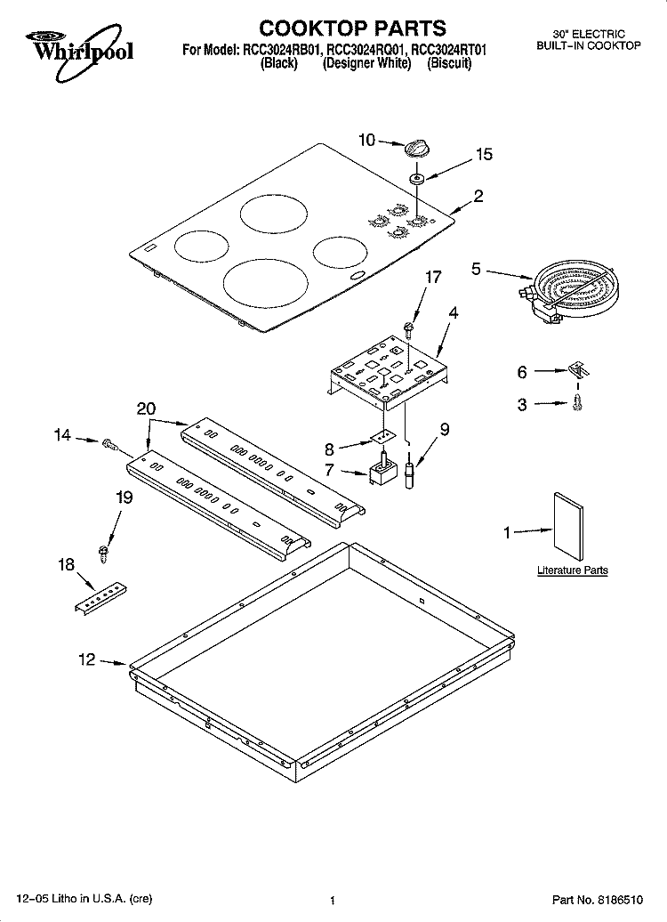 COOKTOP PARTS, OPTIONAL PARTS Diagram and Parts List for RCC3024RQ01  Whirlpool Cooktop