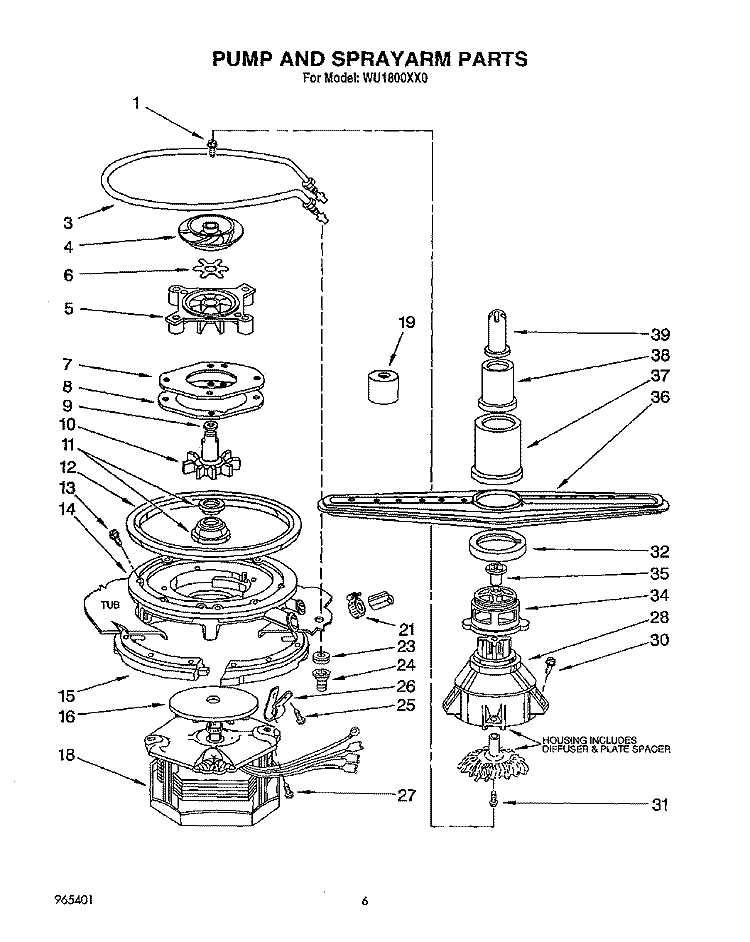 PUMP AND SPRAYARM Diagram and Parts List for WU1800XX0  Roper Dishwasher