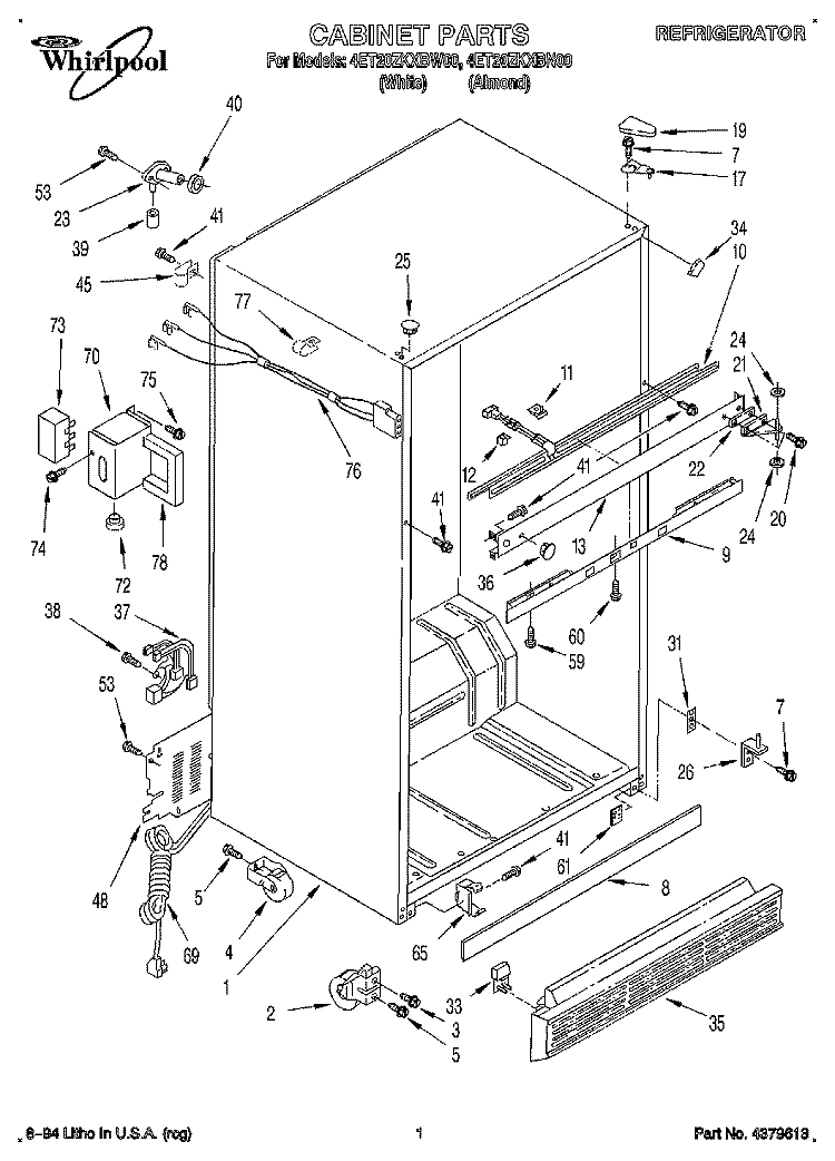 CABINET Diagram and Parts List for 4ET20ZKXBN00  Whirlpool Refrigerator