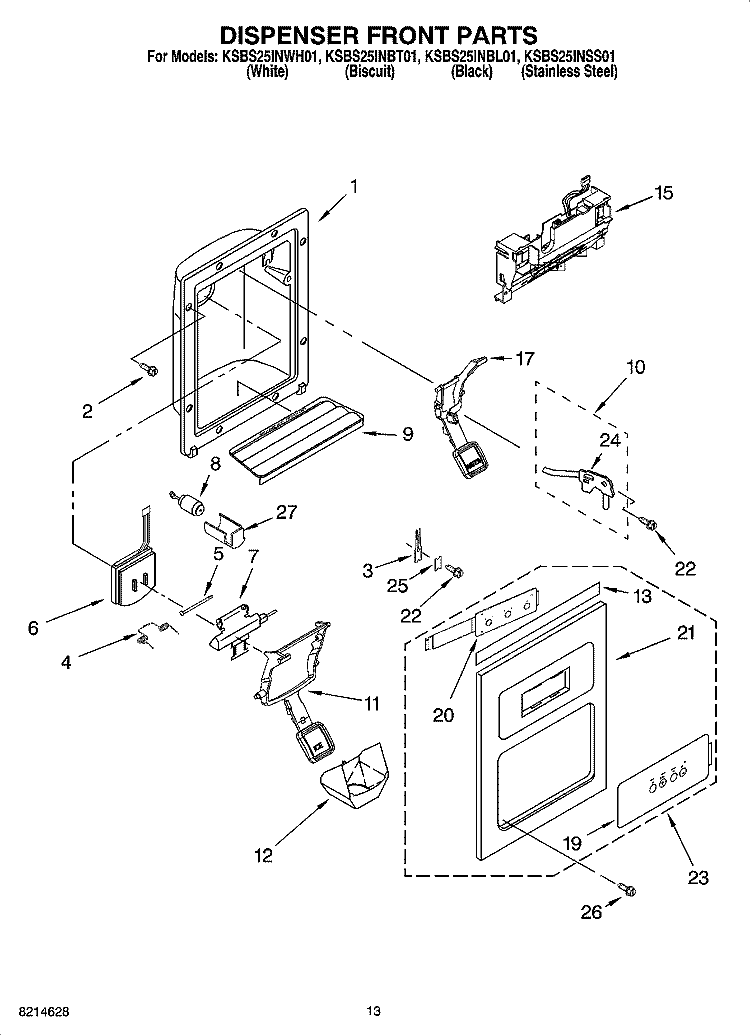 DISPENSER FRONT PARTS Diagram and Parts List for KSBS25INWH01  KitchenAid Refrigerator