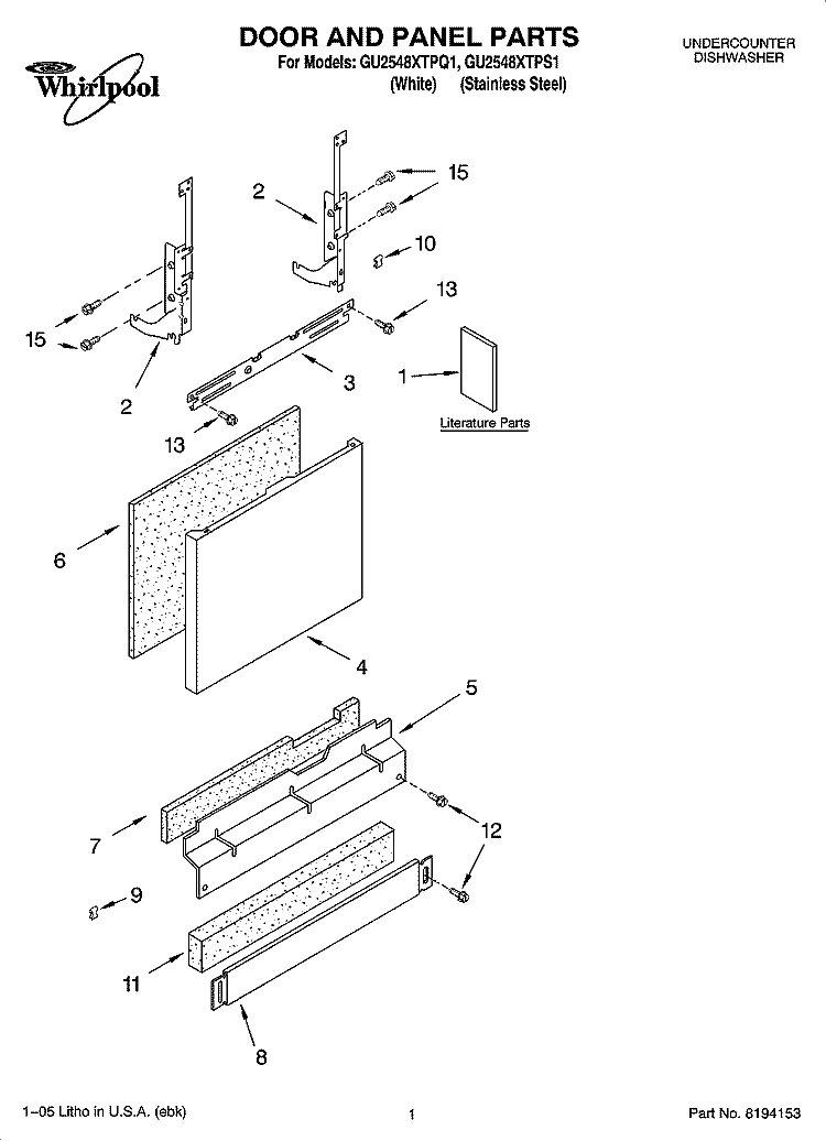 DOOR AND PANEL PARTS Diagram and Parts List for GU2548XTPS1  Whirlpool Dishwasher
