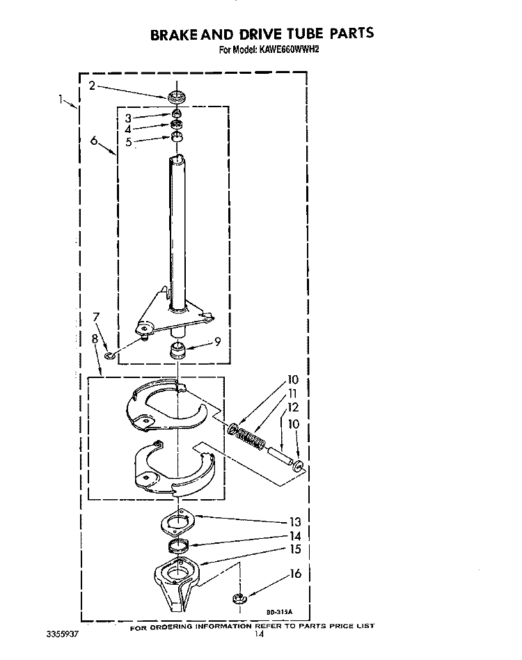 BRAKE AND DRIVE TUBE Diagram and Parts List for KAWE660WWH2  KitchenAid Washer