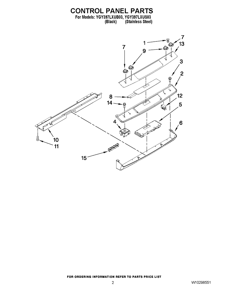 CONTROL PANEL PARTS Diagram and Parts List for YGY397LXUB03  Whirlpool Range