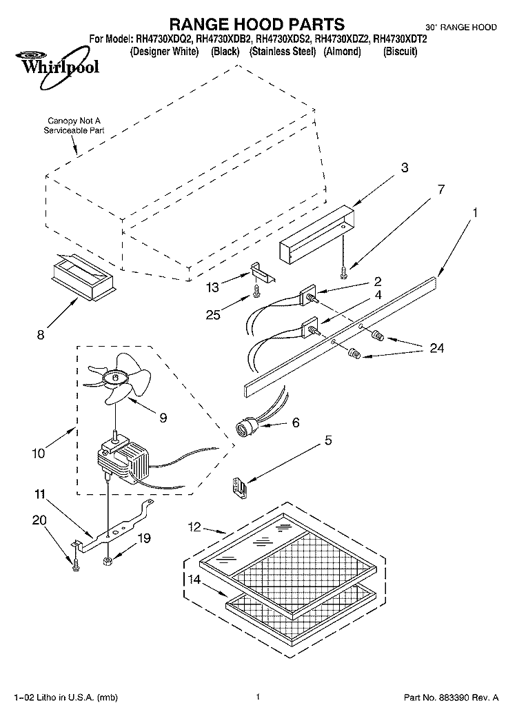 SECTION Diagram and Parts List for RH4730XDZ2  Whirlpool Range Hood