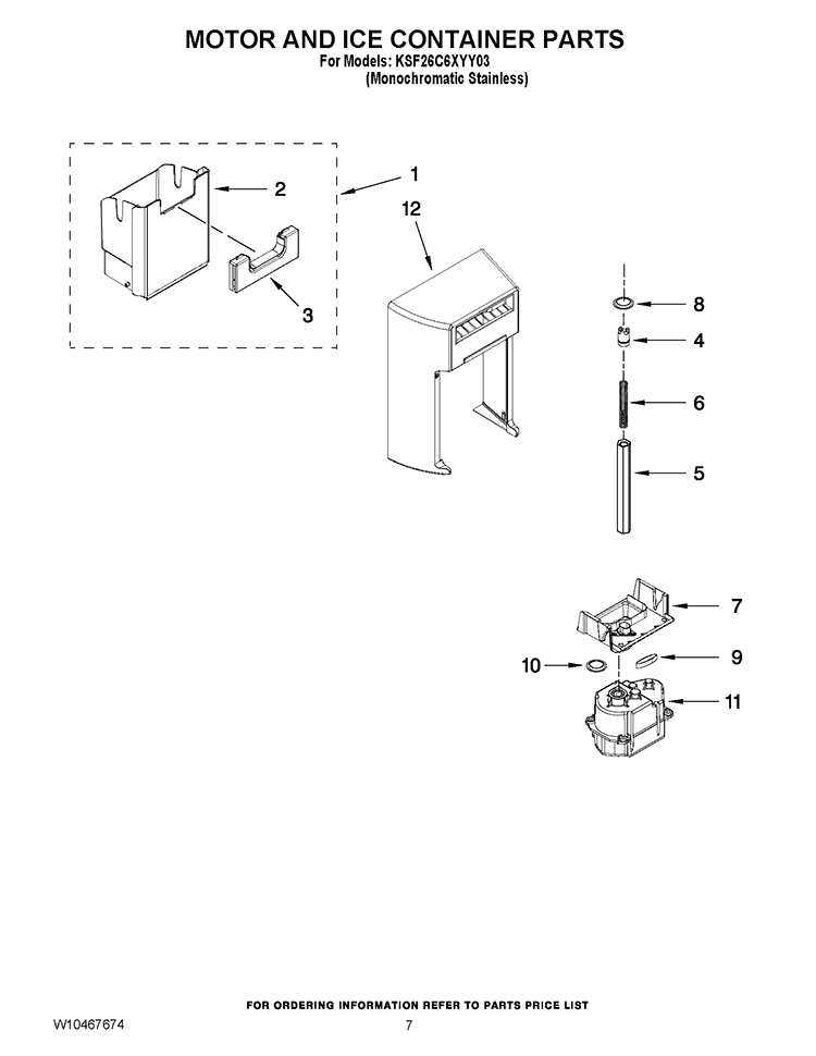 MOTOR AND ICE CONTAINER PARTS Diagram and Parts List for KSF26C6XYY03  KitchenAid Refrigerator