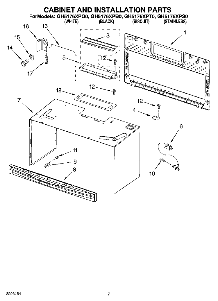 CABINET AND INSTALLATION PARTS Diagram and Parts List for GH5176XPS0  Whirlpool Microwave