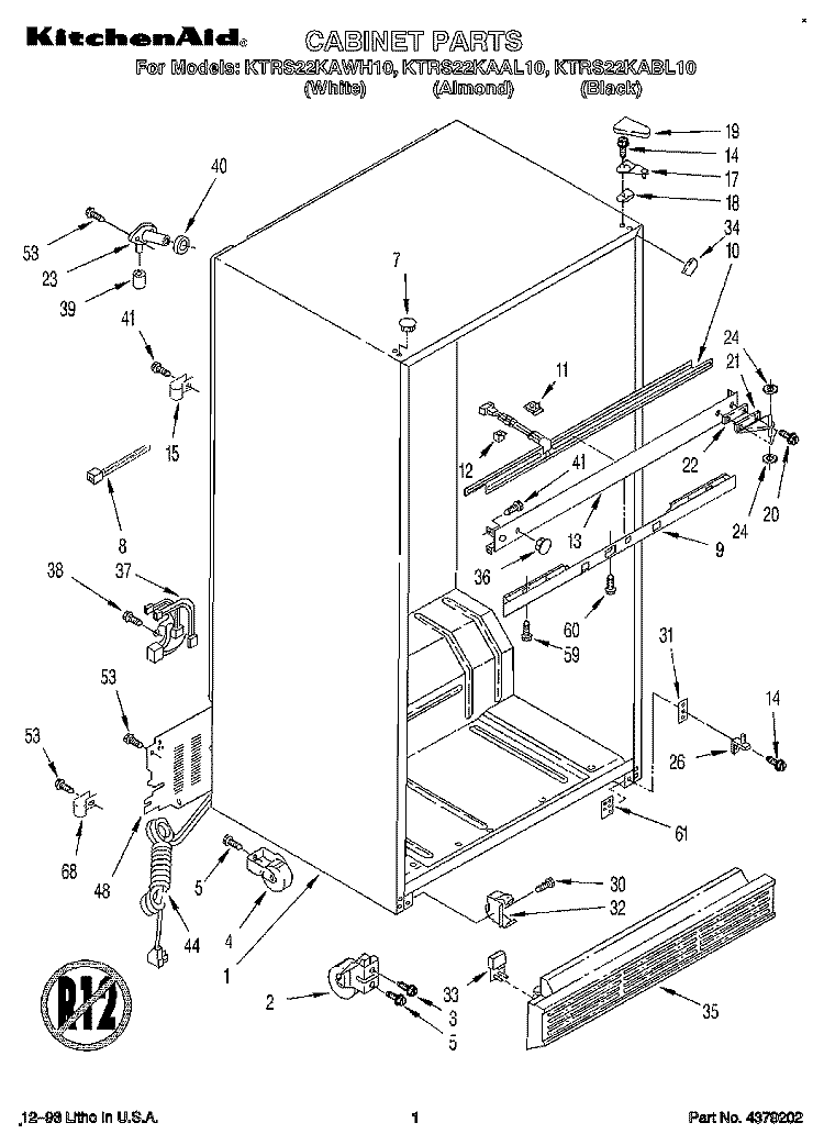 CABINET Diagram and Parts List for KTRS22KAAL10  KitchenAid Refrigerator