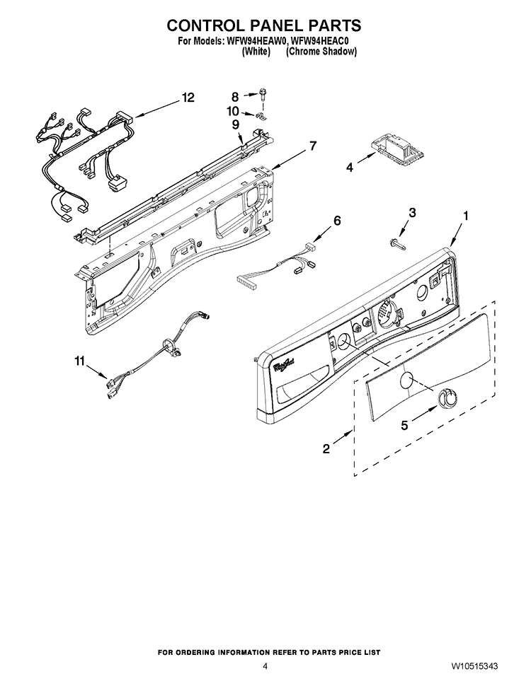 CONTROL PANEL PARTS Diagram and Parts List for WFW94HEAW0  Whirlpool Washer