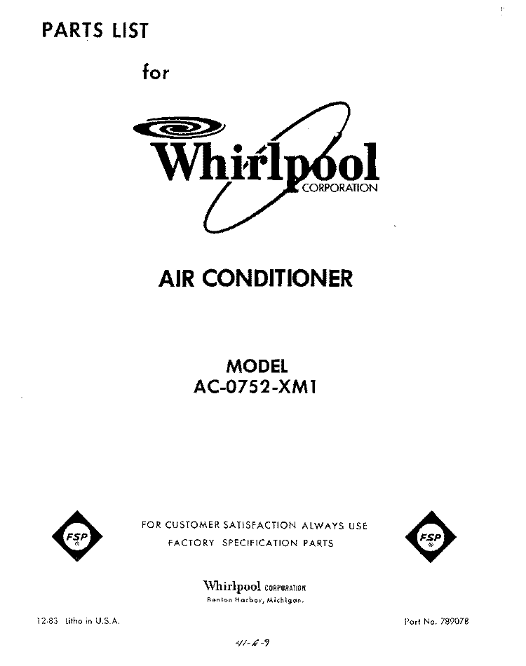 SECTION Diagram and Parts List for AC0752XM1  Whirlpool Air Conditioner