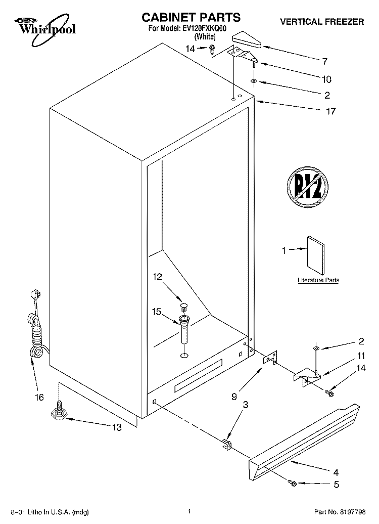 CABINET, LITERATURE Diagram and Parts List for EV120FXKQ00  Whirlpool Freezer
