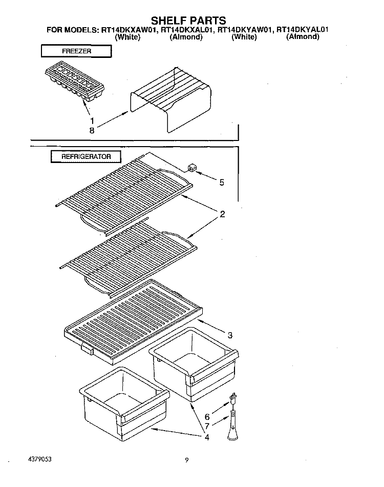 SHELF Diagram and Parts List for RT14DKYAL01  Roper Refrigerator