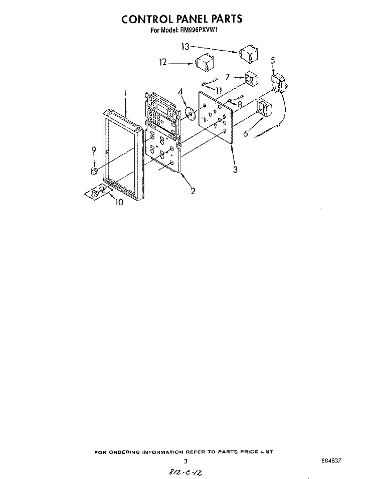 CONTROL PANEL Diagram and Parts List for RM996PXVN1  Whirlpool Microwave Oven Combo