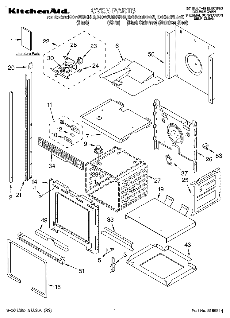 OVEN, LITERATURE Diagram and Parts List for KEBS208DWH9  KitchenAid Wall Oven