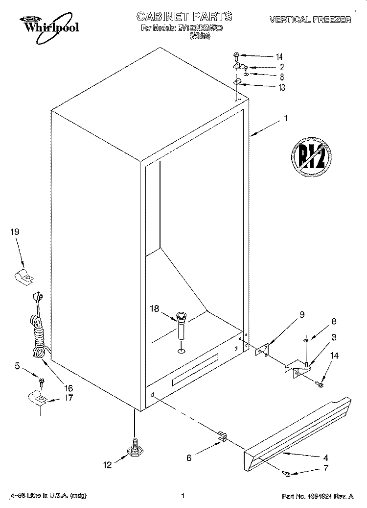 CABINET, LIT/OPTIONAL Diagram and Parts List for EV150NXGW00  Whirlpool Freezer
