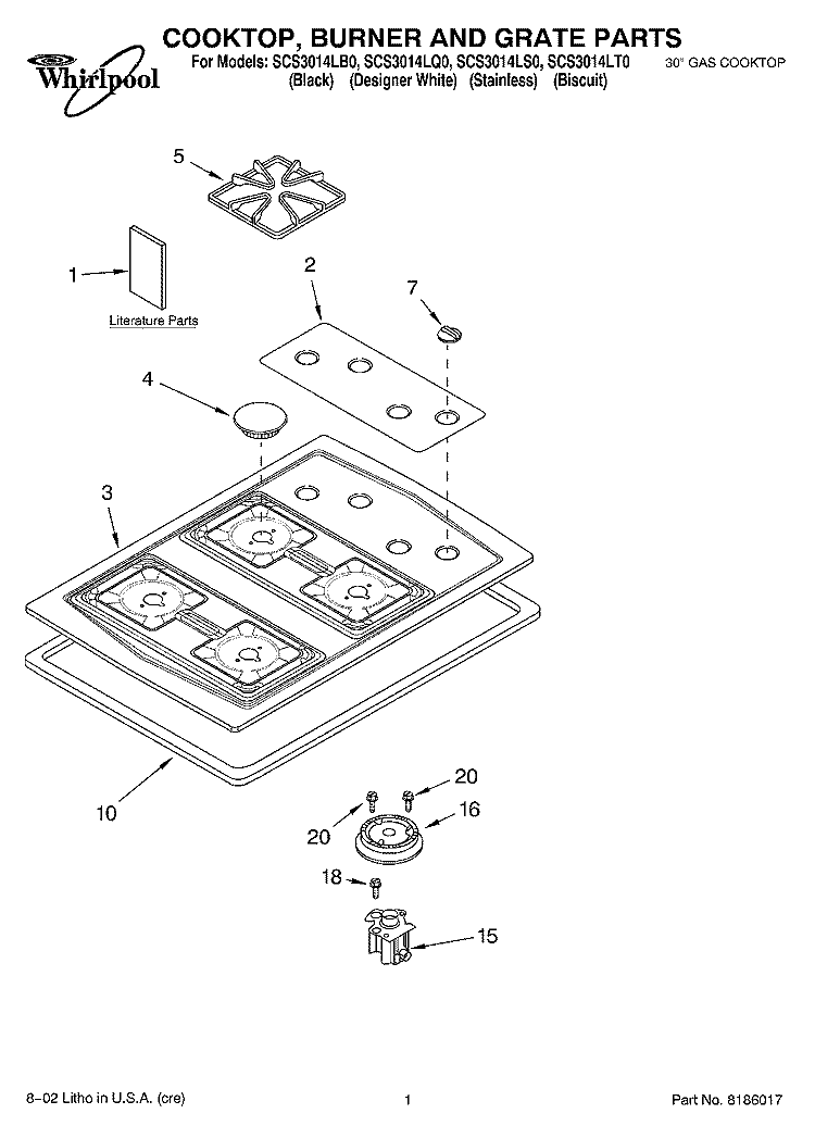 COOKTOP, BURNER AND GRATE Diagram and Parts List for SCS3014LB0  Whirlpool Cooktop