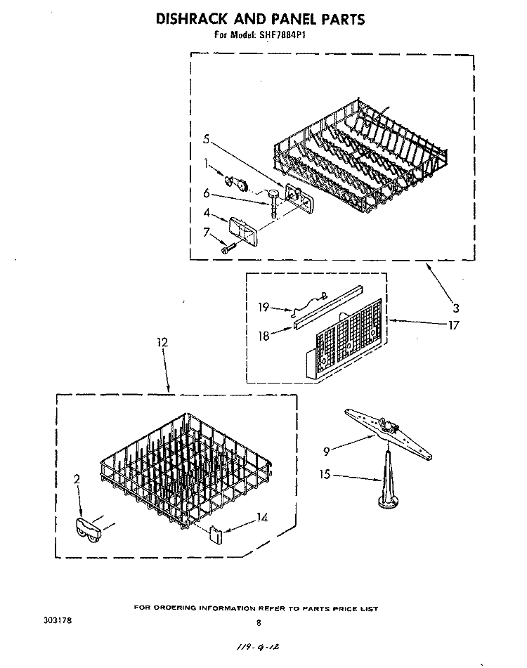 DISHRACK AND PANEL Diagram and Parts List for SHF7884P1  Whirlpool Dishwasher