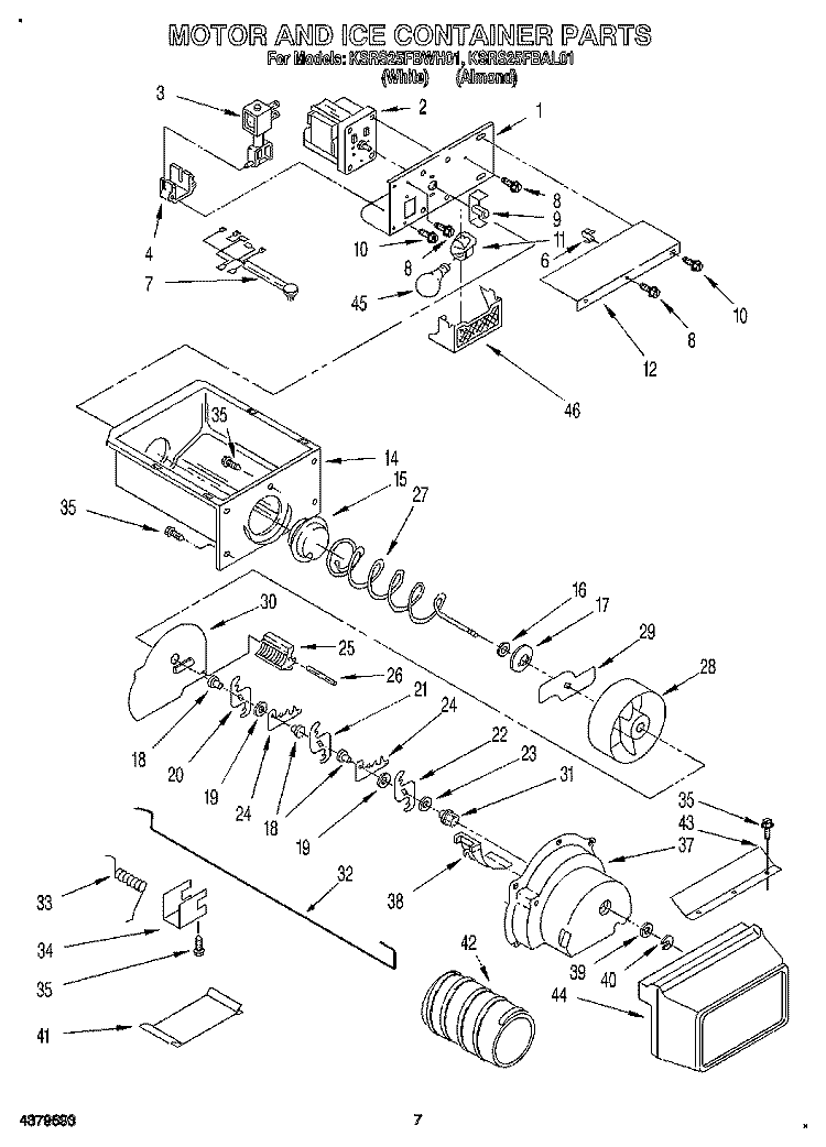 MOTOR AND ICE CONTAINER Diagram and Parts List for KSRS25FBWH01  KitchenAid Refrigerator