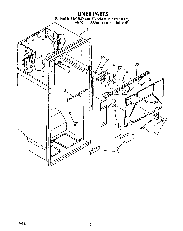 LINER Diagram and Parts List for ET20ZKXXW01  Whirlpool Refrigerator