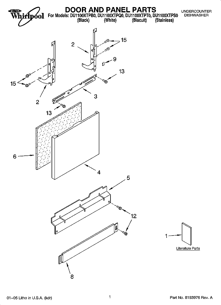 DOOR AND PANEL PARTS Diagram and Parts List for DU1100XTPB0  Whirlpool Dishwasher