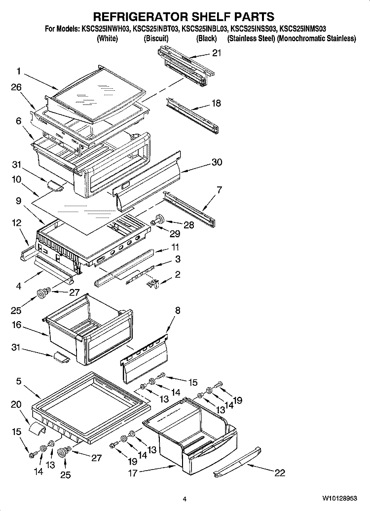REFRIGERATOR SHELF PARTS Diagram and Parts List for KSCS25INWH03  KitchenAid Refrigerator