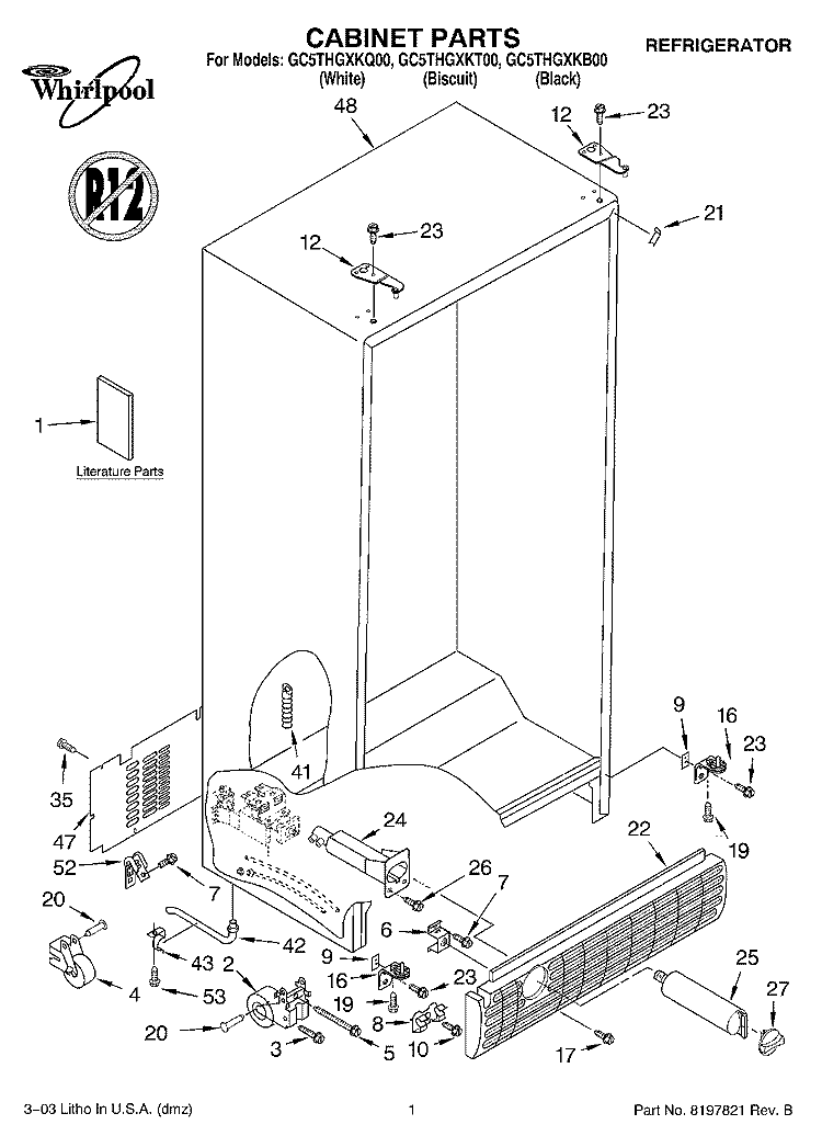 CABINET PARTS Diagram and Parts List for GC5THGXKB00  Whirlpool Refrigerator