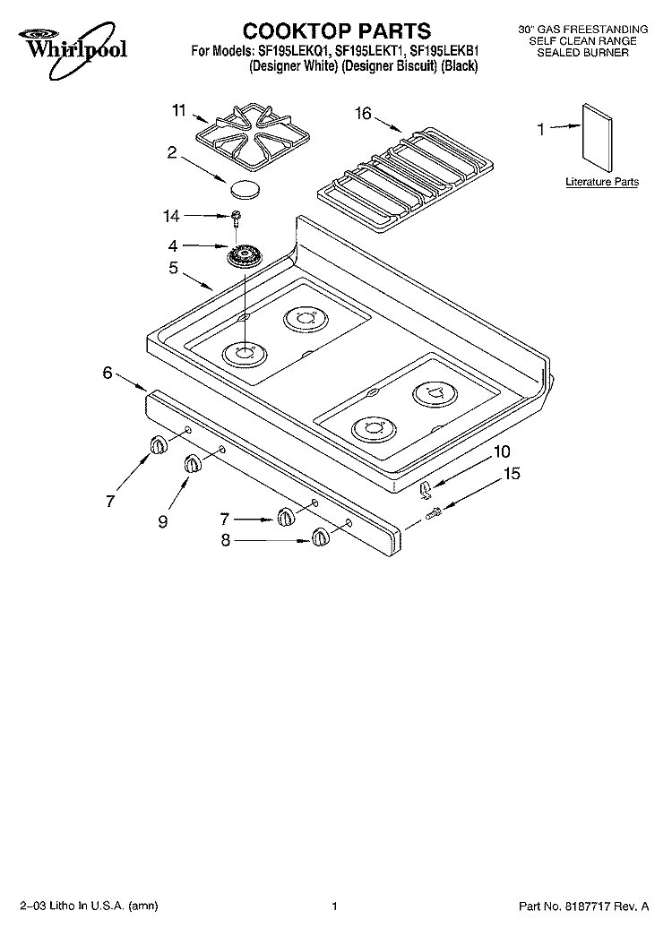 COOKTOP PARTS Diagram and Parts List for SF195LEKB1  Whirlpool Range