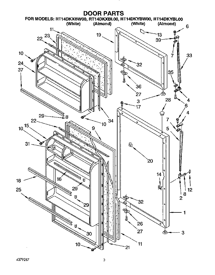 DOOR Diagram and Parts List for RT14DKXBL00  Roper Refrigerator