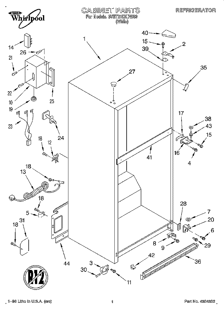 CABINET Diagram and Parts List for 3VET21DKDW03  Whirlpool Refrigerator