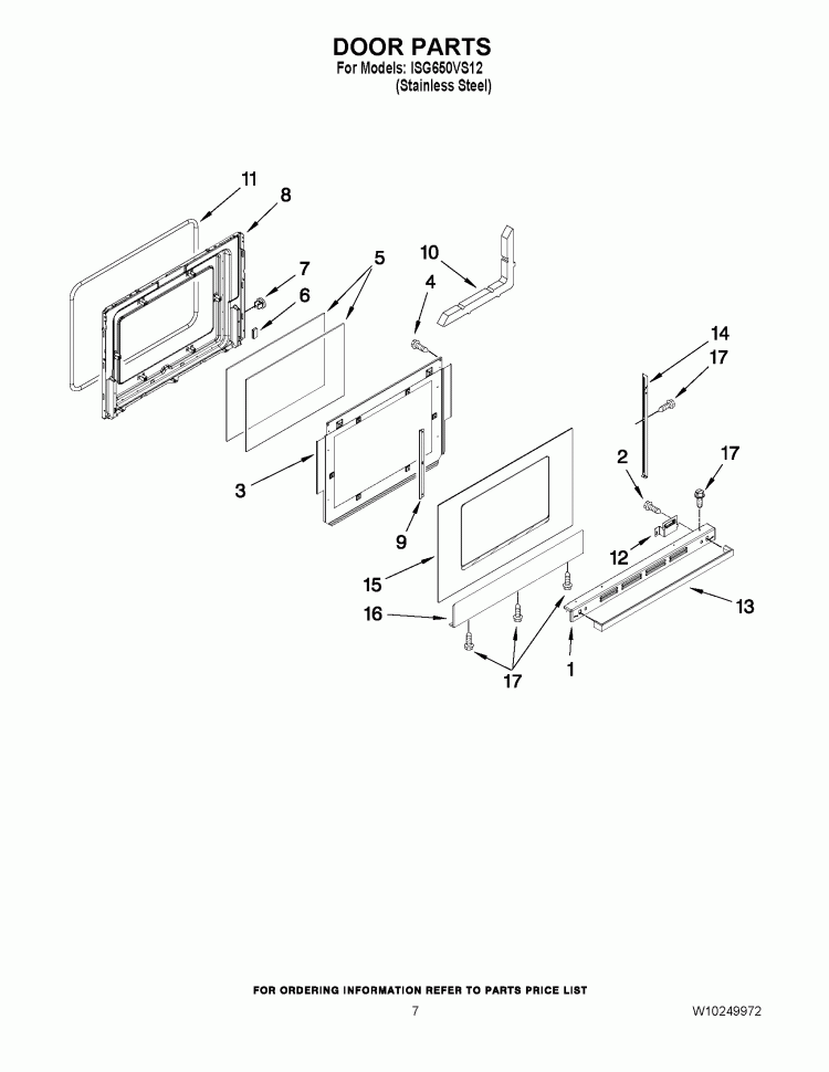 DOOR PARTS Diagram and Parts List for ISG650VS12  Whirlpool Range
