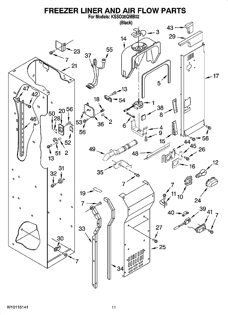 FREEZER LINER AND AIR FLOW PARTS Diagram and Parts List for KSSO36QMB02  KitchenAid Refrigerator