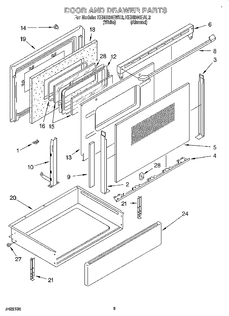DOOR AND DRAWER Diagram and Parts List for KERI500EAL2  KitchenAid Range