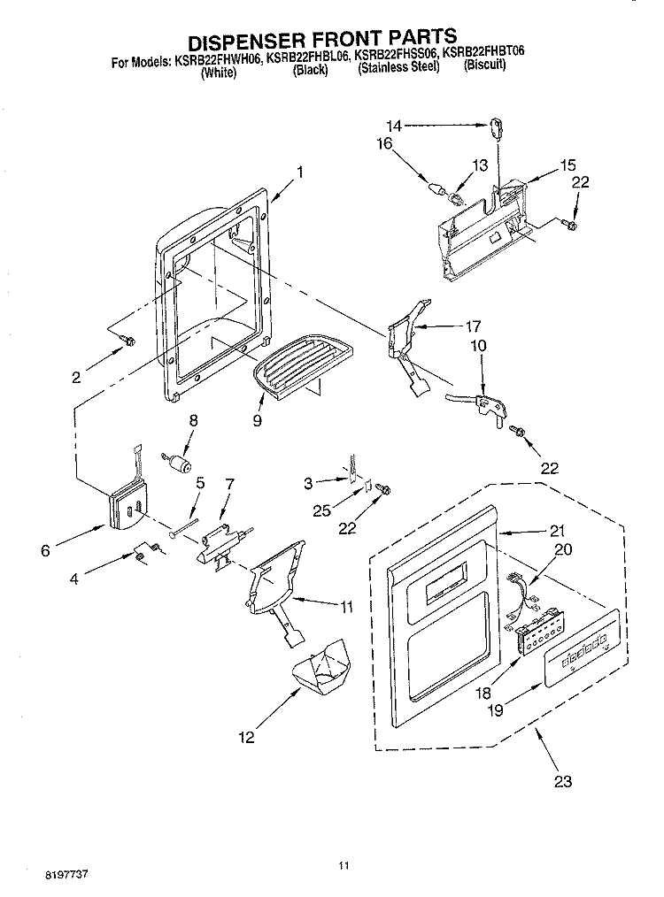DISPENSER FRONT Diagram and Parts List for KSRB22FHSS06  KitchenAid Refrigerator