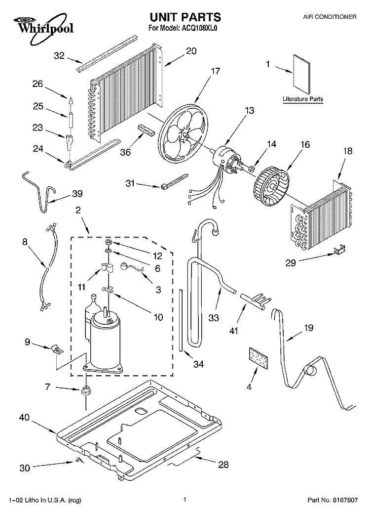 UNIT, LITERATURE Diagram and Parts List for ACQ108XL0  Whirlpool Air Conditioner