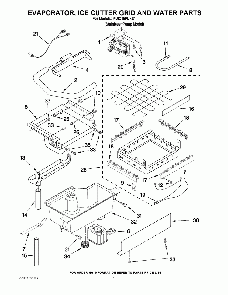 EVAPORATOR, ICE CUTTER GRID AND WATER PARTS Diagram and Parts List for KUIC15PLXS1  KitchenAid Ice Maker