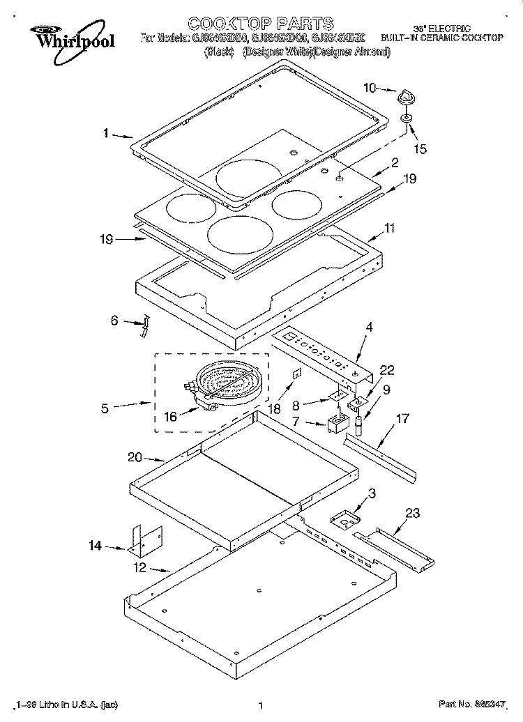 SECTION Diagram and Parts List for GJ8646XDB0  Whirlpool Cooktop